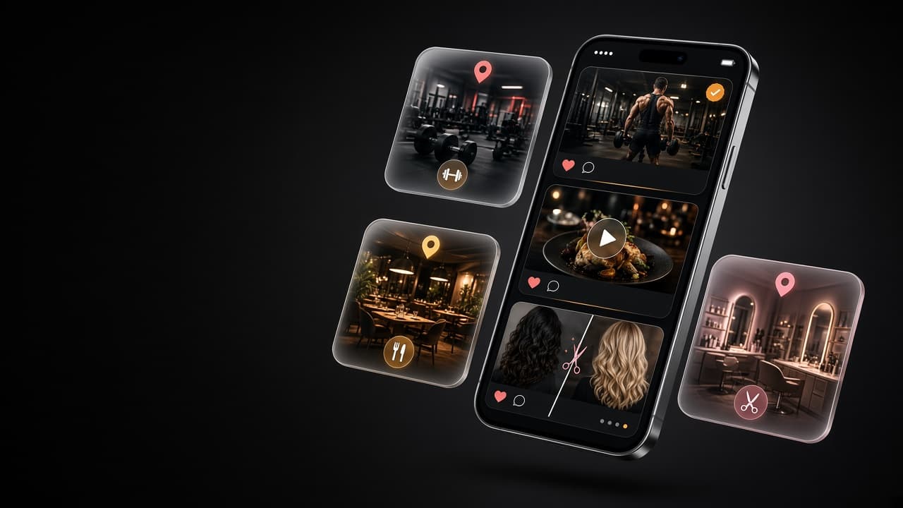 koPo app feed screen showing a gym check-in, a restaurant reel, and a salon carousel post